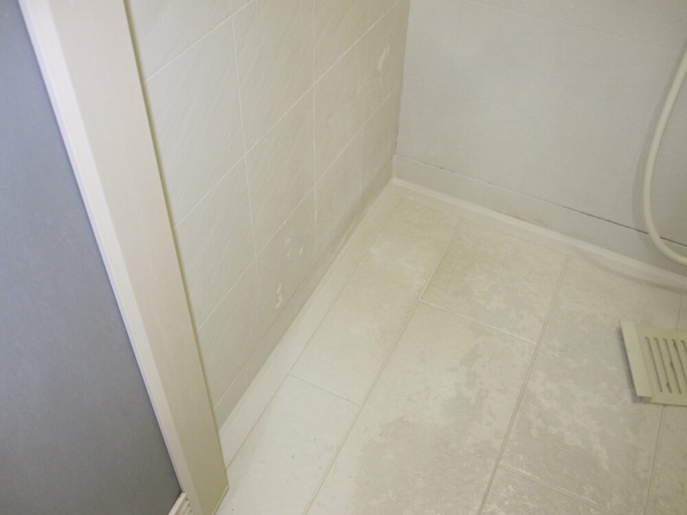 浴室壁に擦り切れた跡と浴室床の変色
