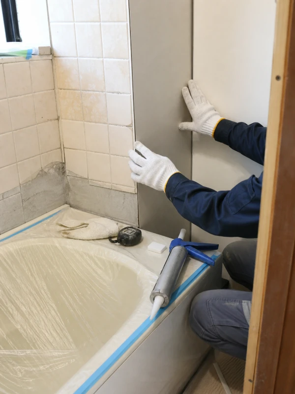 既存浴室の壁に防水パネルを施工している職人の手元